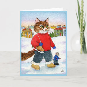 Cute Cat Mouse Skater Winter Holiday card Feestdagen Kaart
