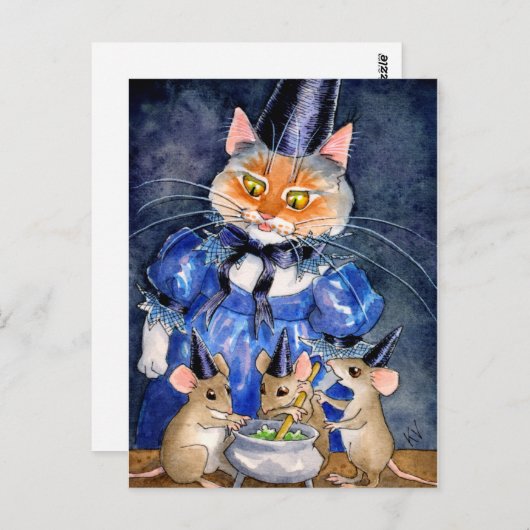 Cute Cat Mouse Witch Halloween-herfstcauldron Briefkaart (Voorkant / Achterkant)