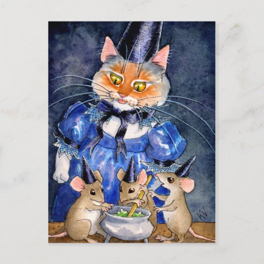Cute Cat Mouse Witch Halloween-herfstcauldron Briefkaart (Voorkant)