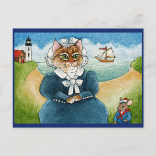 Cute Cat, Muis, vuurtoren, schip, strand briefkaar Briefkaart