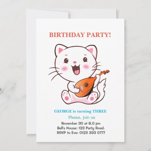 Cute Cat & Multicolored Balloons Birthday Invitati Kaart (Voorkant)
