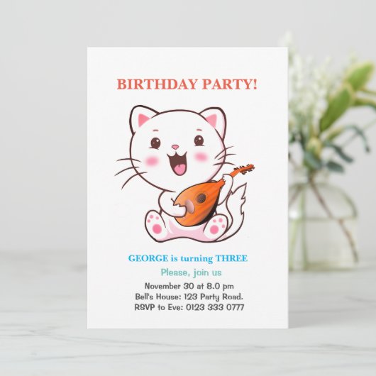 Cute Cat & Multicolored Balloons Birthday Invitati Kaart (Staand voorkant)