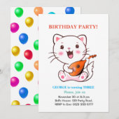 Cute Cat & Multicolored Balloons Birthday Invitati Kaart (Voorkant / Achterkant)