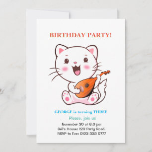 Cute Cat & Multicolored Balloons Birthday Invitati Kaart