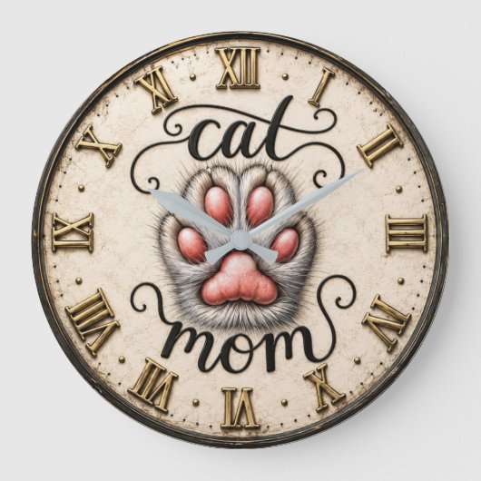 Cute Cat Nom Paw Print Rustic  Grote Klok (Voorkant)