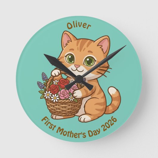 Cute Cat Nursery Wall Clock: Baby Gift Ronde Klok (Voorkant)