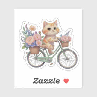 Cute Cat on Floral Bike Sticker