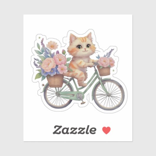 Cute Cat on Floral Bike Sticker (Vel)