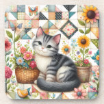 Cute Cat on Floral Quilt Cottagecore Bier Onderzetter<br><div class="desc">A delightful gray tabby kitten sits sweetly among blooming flowers in this cozy, cottagecore-inspired design. The backdrop features a vibrant patchwork quilt filled with charming geometric patterns, soft pastels, and vintage textures that evoke feelings of warmth and nostalgia. Surrounding the kitten are blooming sunflowers, roses, and daisies, along with cheerful...</div>