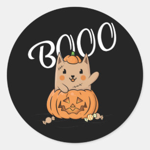 Cute Cat on Pumpkin Halloween, Funny spooky kat Ronde Sticker