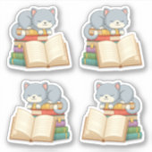 Cute Cat on top of a Book Stack, Set of 4 Sticker (Voorkant)