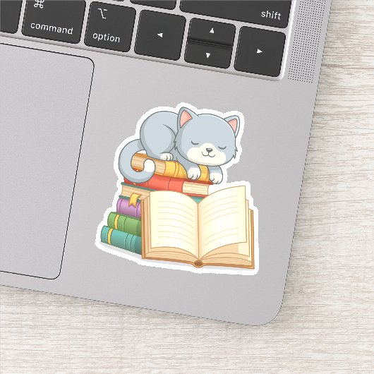 Cute Cat on top of a Book Stack Sticker (Detail)