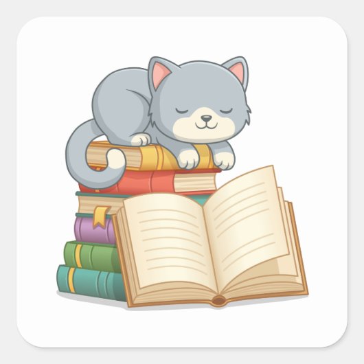 Cute Cat on top of a Book Stack Vierkante Sticker (Voorkant)