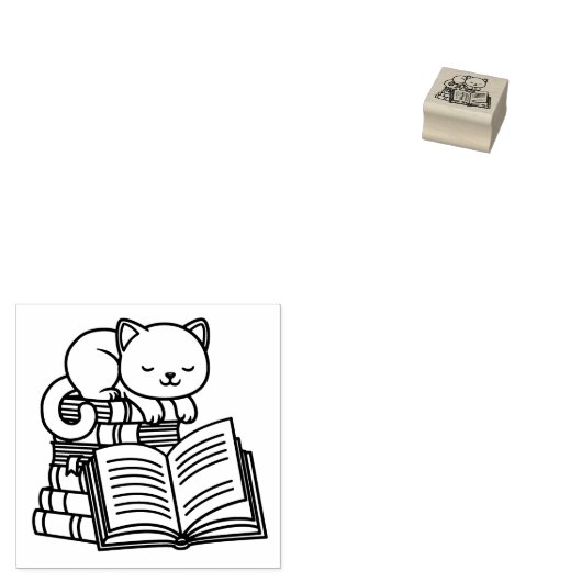 Cute Cat on top of Stack of Books 1x1 Rubberstempel (Gestempeld)