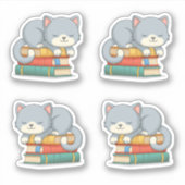 Cute Cat on top of Stack of Books, Set of 4 Sticker (Voorkant)