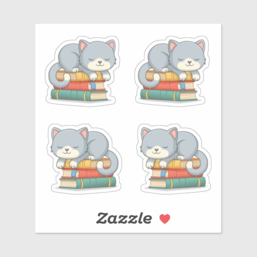 Cute Cat on top of Stack of Books, Set of 4 Sticker (Vel)