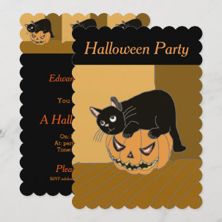 Cute Cat op een uitnodiging van Pumpkin Halloween.