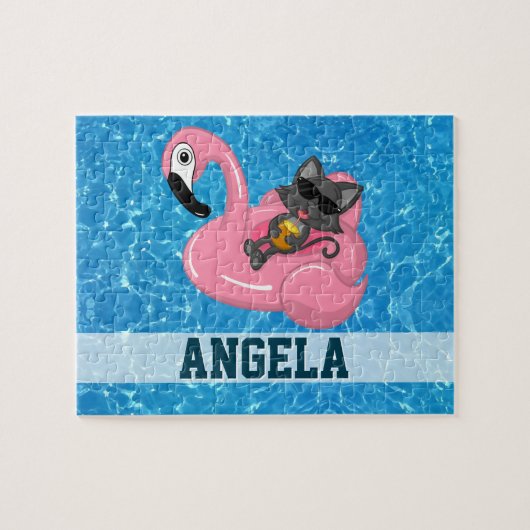 Cute Cat op roze Flamingo Floatie Blue Name Funny Legpuzzel (Horizontaal)