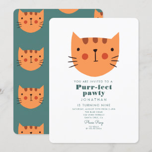 Cute Cat Oranje Green Birthday Party Kaart