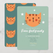 Cute Cat Oranje Green Birthday Party Kaart (Voorkant / Achterkant)