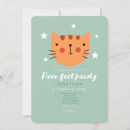 Cute Cat Oranje Green Birthday Party Kaart