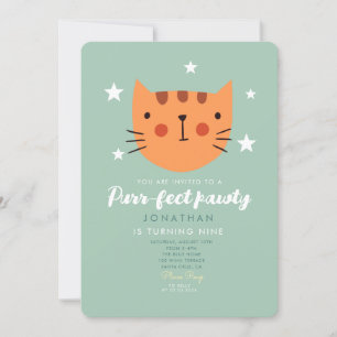 Cute Cat Oranje Green Birthday Party Kaart