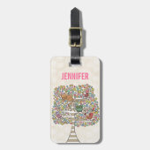 Cute Cat Owl & Birds Sittin in a Tree Illustration Bagagelabel (Voorkant verticaal)