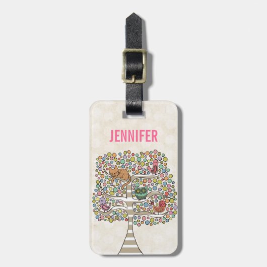 Cute Cat Owl & Birds Sittin in a Tree Illustration Bagagelabel (Voorkant verticaal)