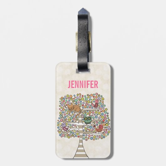 Cute Cat Owl & Birds Sittin in a Tree Illustration Bagagelabel (Achterkant verticaal)