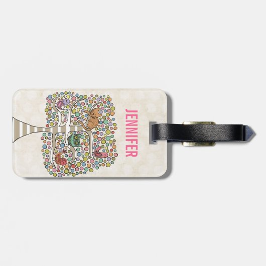 Cute Cat Owl & Birds Sittin in a Tree Illustration Bagagelabel (Achterkant horizontaal)