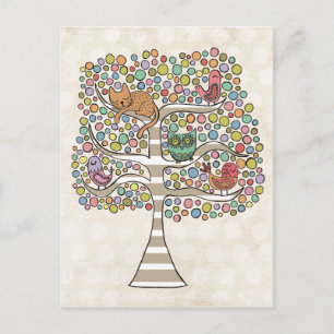 Cute Cat Owl & Birds Sittin in a Tree Illustration Briefkaart