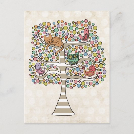 Cute Cat Owl & Birds Sittin in a Tree Illustration Briefkaart (Voorkant)