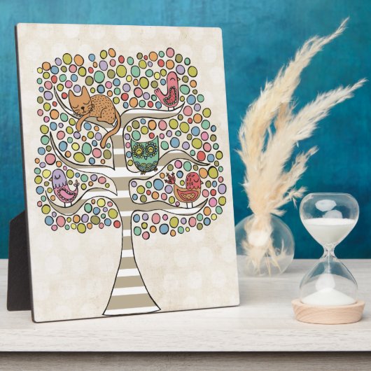 Cute Cat Owl & Birds Sittin in a Tree Illustration Fotoplaat (Zijkant)