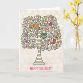 Cute Cat Owl & Birds Sittin in a Tree Illustration Kaart (Gele Bloem)