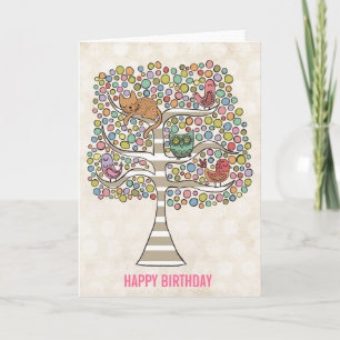 Cute Cat Owl & Birds Sittin in a Tree Illustration Kaart