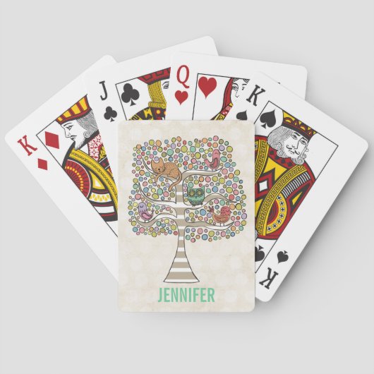 Cute Cat Owl & Birds Sittin in a Tree Illustration Pokerkaarten (Achterkant)