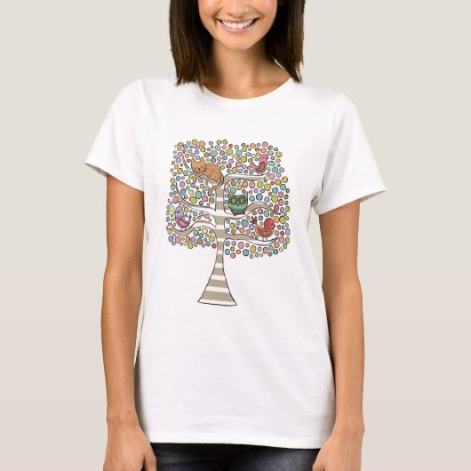 Cute Cat Owl & Birds Sittin in a Tree Illustration T-shirt (Voorkant)