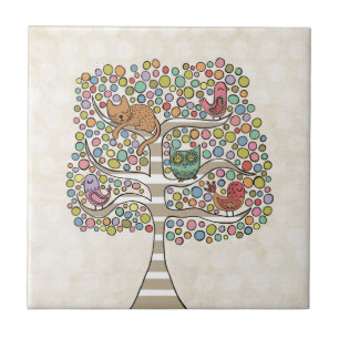 Cute Cat Owl & Birds Sittin in a Tree Illustration Tegeltje
