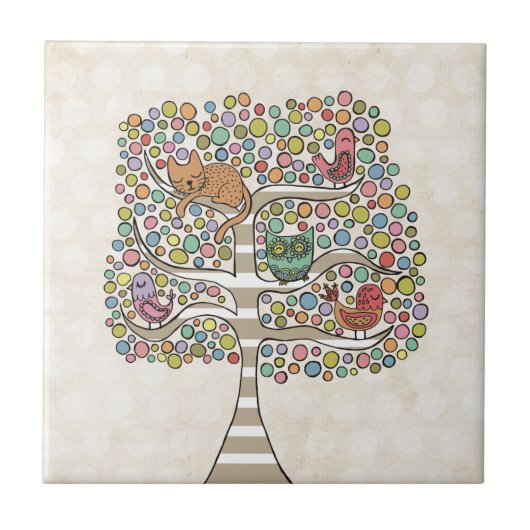 Cute Cat Owl & Birds Sittin in a Tree Illustration Tegeltje (Voorkant)
