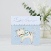 Cute Cat, parels en hart Blue Baby Boy Shower Kaart (Staand voorkant)