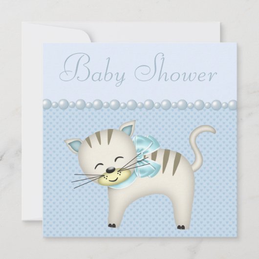 Cute Cat, parels en hart Blue Baby Boy Shower Kaart (Voorkant)