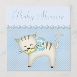 Cute Cat, parels en hart Blue Baby Boy Shower Kaart