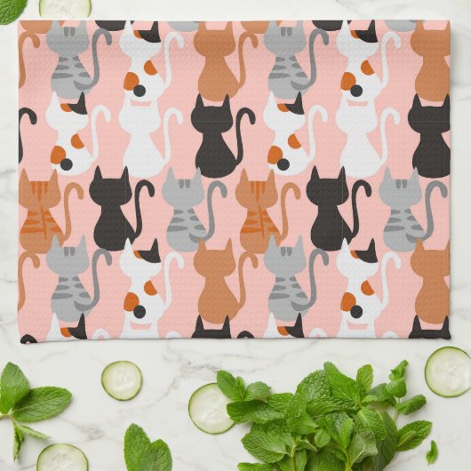 Cute Cat Pattern on Blush Pink Theedoek (Gevouwen)