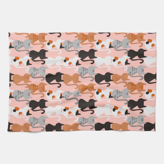 Cute Cat Pattern on Blush Pink Theedoek (Horizontaal)