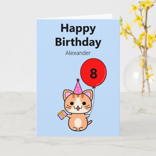 Cute Cat Personalized Birthday Kaart (Gele Bloem)