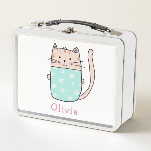 Cute Cat Personated Custom Name Metal Lunch Box (Voorkant)