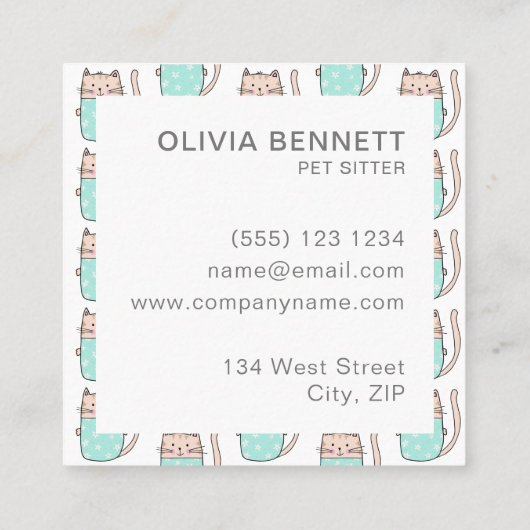 Cute Cat Pet Sitter Service Vierkante Visitekaartje (Achterkant)