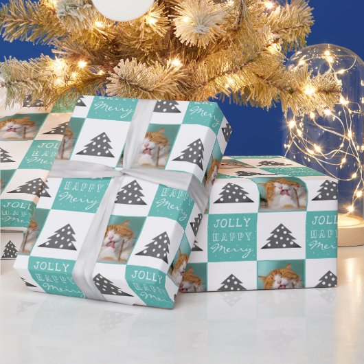 Cute Cat Pet Typografie Kerstboom Foto Cadeaupapier (Feestdagen)