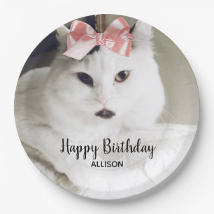 Cute Cat Photo Birthday White Pink gepersonaliseer Papieren Bordje