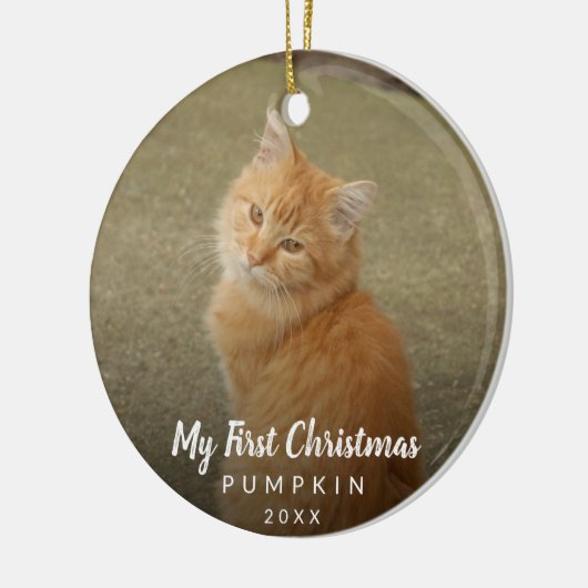 Cute Cat Photo My First Kerstmis Chalk Script Keramisch Ornament (Links)